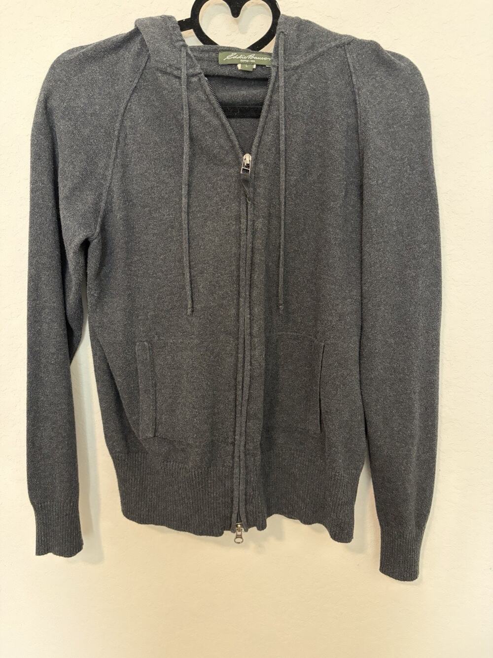 Eddie Bauer Gray Full Zip Hooded Knit Hoodie Cotton/Cashmere Blend Size L